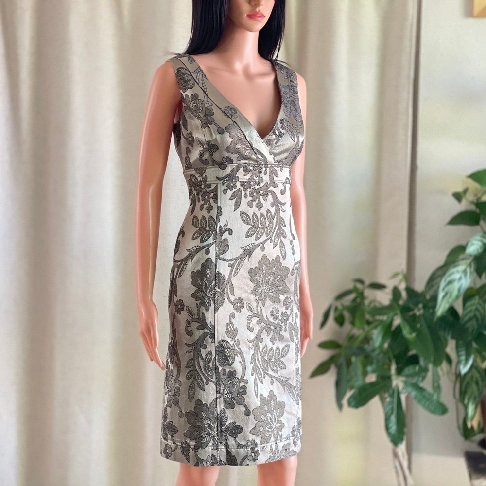 Jones New York Silver Floral Brocade V-Neck Midi Dress on Cream